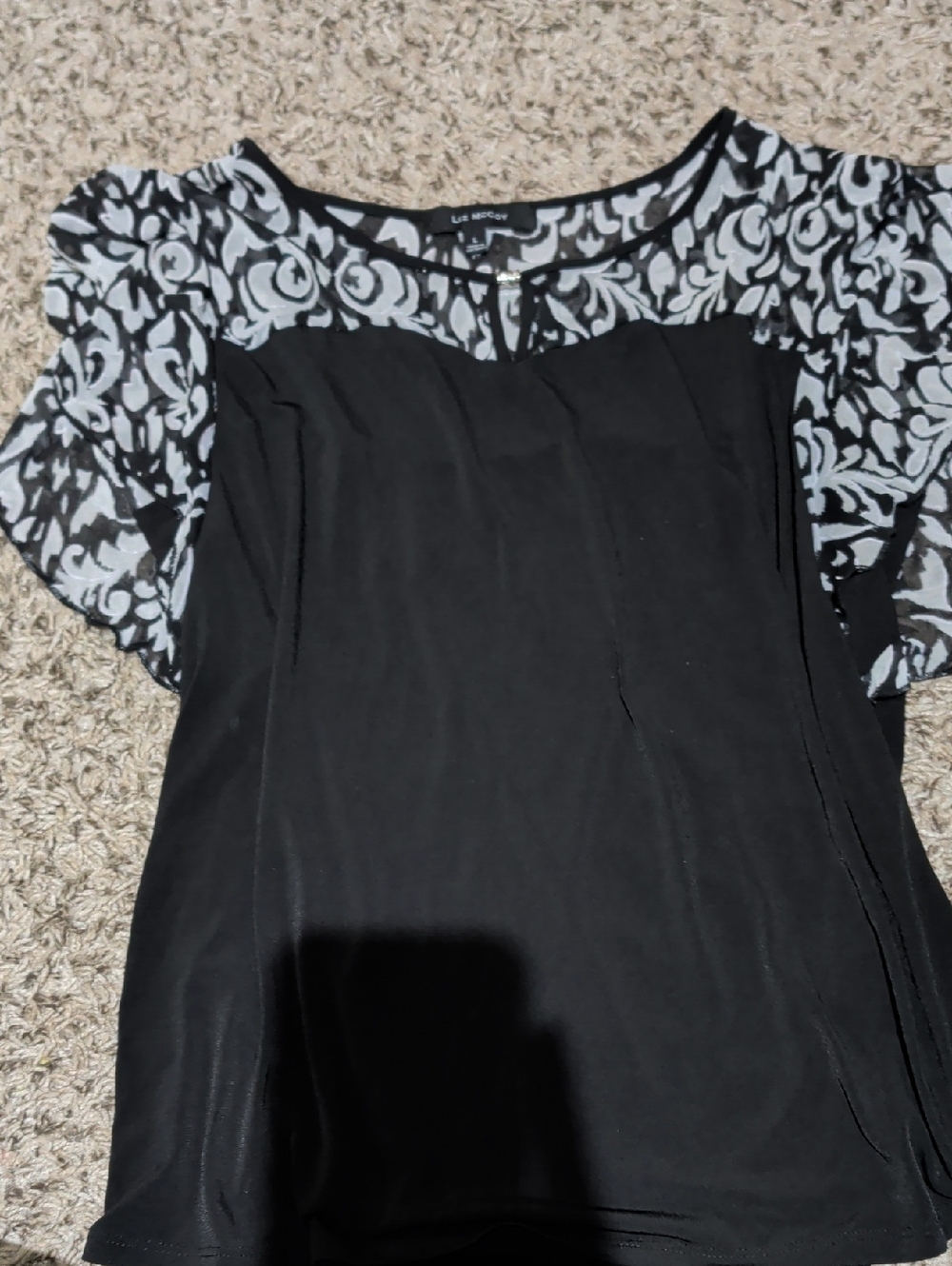 LBD Collection Black Blouse with Gray Floral Sheer Yoke and Sleeves